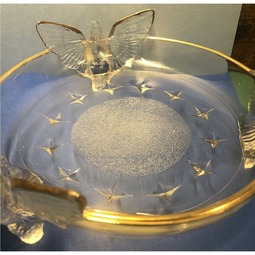 Glass Candy Dish Bowl American Eagle 3-Footed Embossed Stars Gold Trim Vintage - Picture 6 of 13